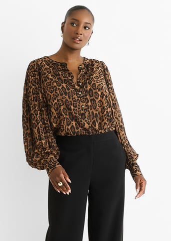 Bruine chiffon blouse met dierenprint en plooien